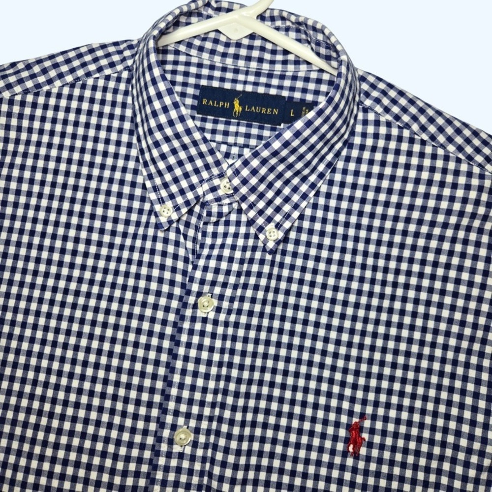 Ralph Lauren Gingham Check Short Sleeve Button Down Shirt Mens Large Red Pony
